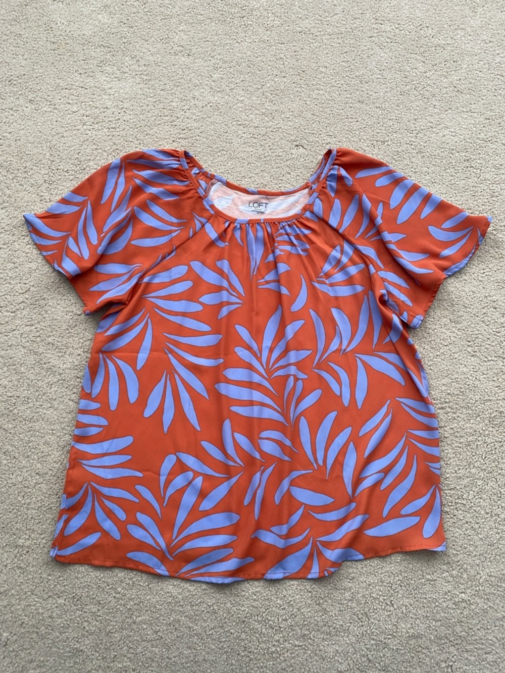 LOFT small Orange Top with periwinkle Leaf Print